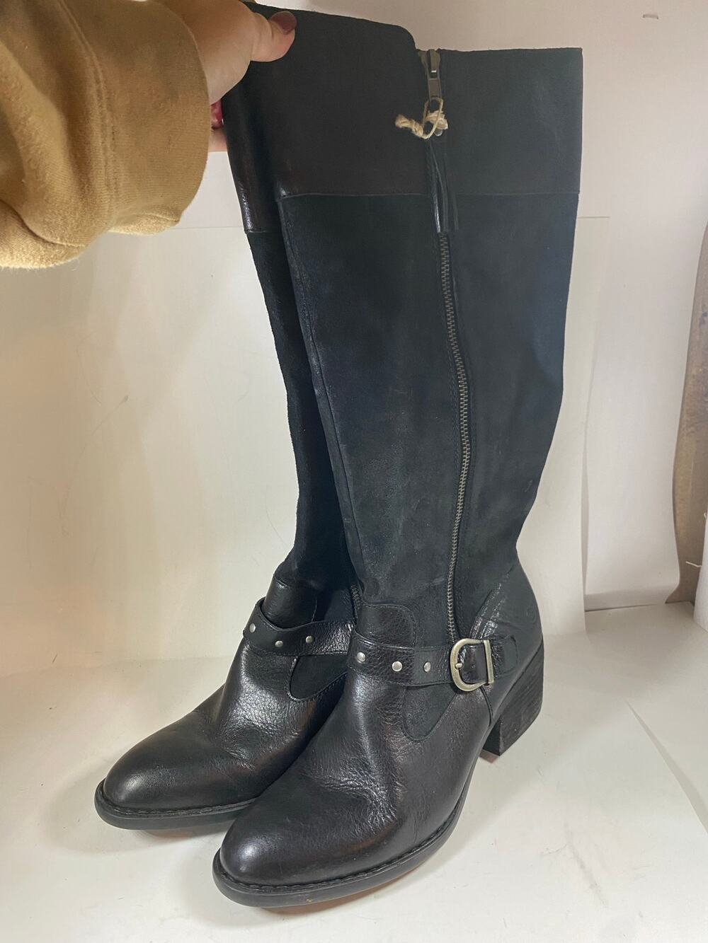 Born Alize Double Zip Black Tall Boots Womens 9W Leather Riding Boots